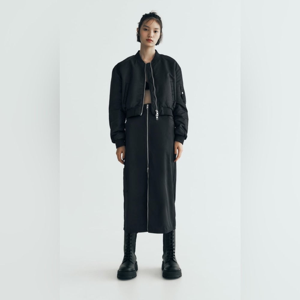 🖤 Crop Nylon Bomber Jacket & Zippered Nylon Skirt Set 🖤